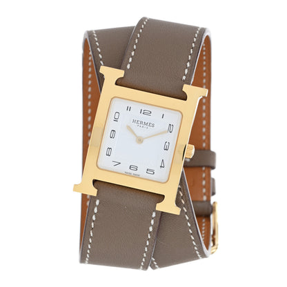 Hermes Stainless Steel Swift 26mm Heure H Hour Double Tour Quartz Watch Etoupe 1 of 5