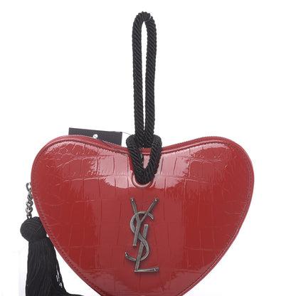 Saint Laurent Patent Crocodile Embossed Sac Coeur Heart Shaped Clutch Red 7 of 10