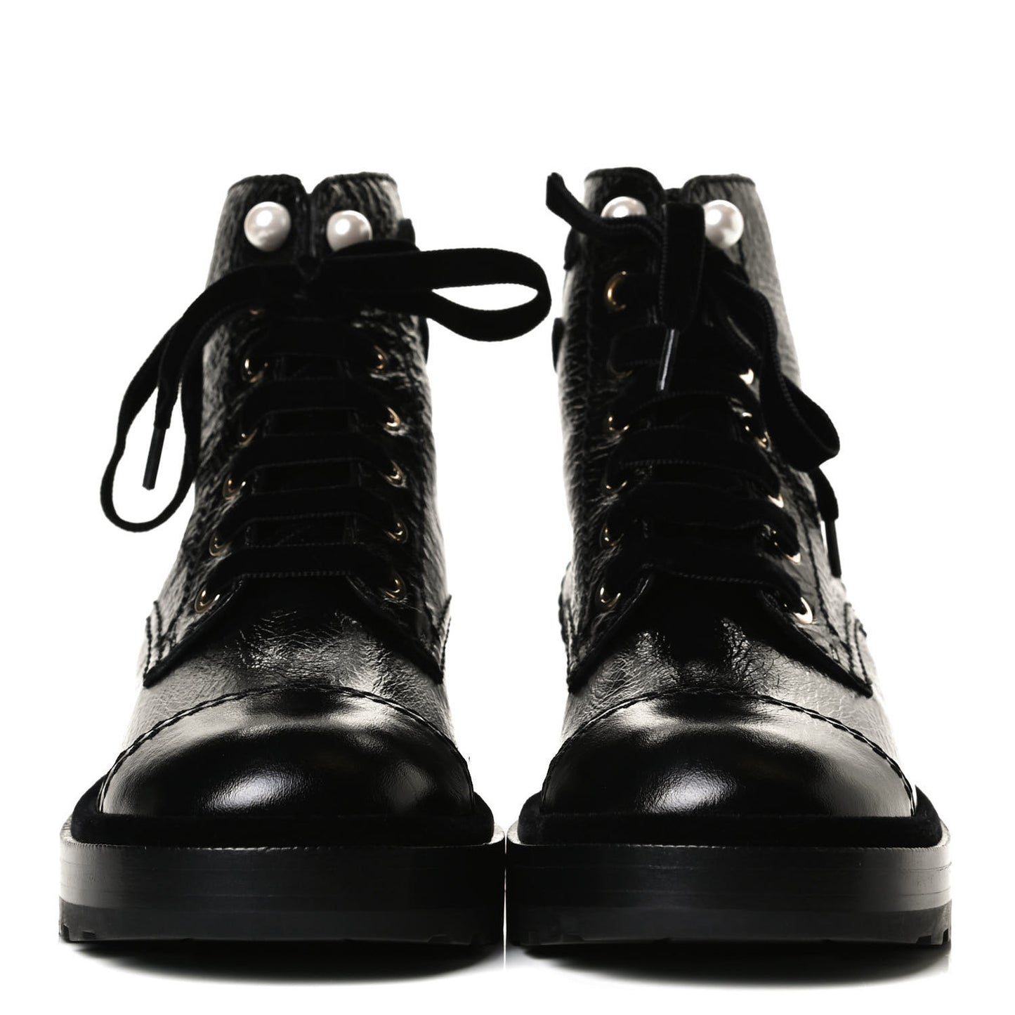 Shiny Calfskin Velvet Pearl Combat Short Boots 37 Black