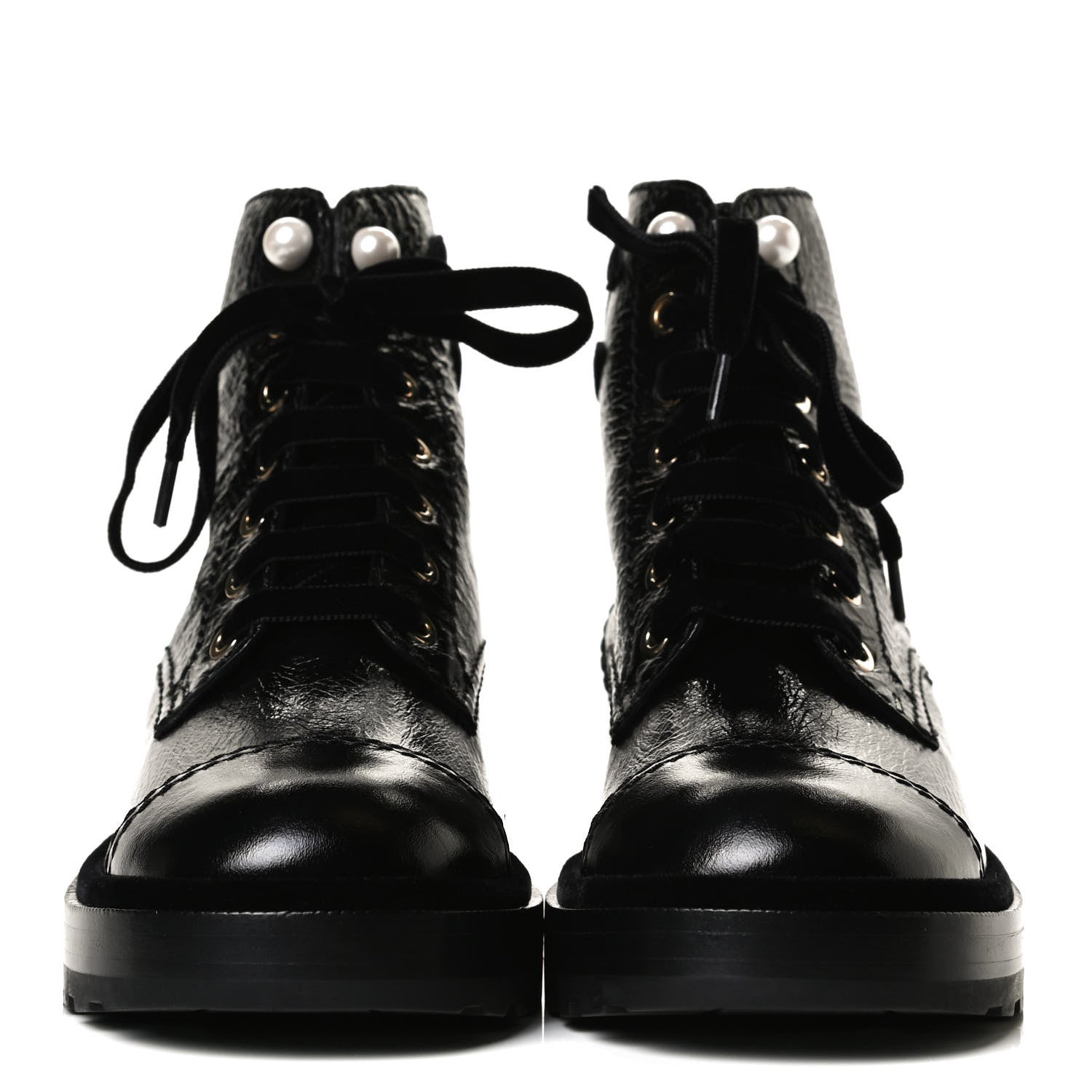 Chanel Shiny Calfskin Velvet Pearl Combat Short Boots 37 Black 2 of 12