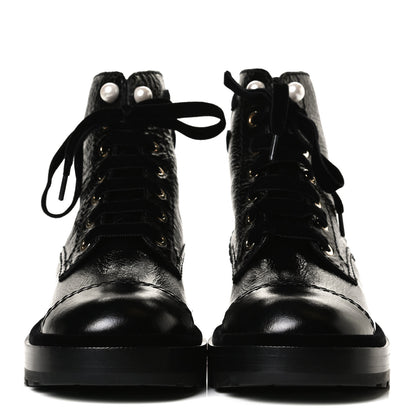 Chanel Shiny Calfskin Velvet Pearl Combat Short Boots 37 Black 2 of 12