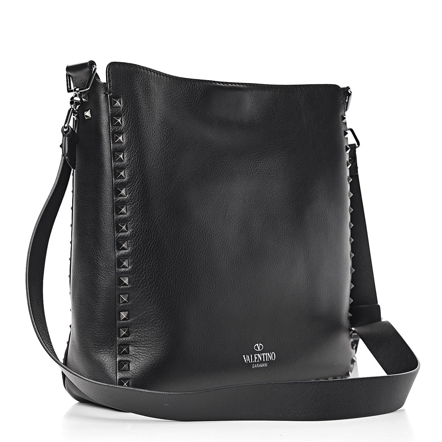 Calfskin Rockstud All Over Flip-Lock Messenger Bag Black
