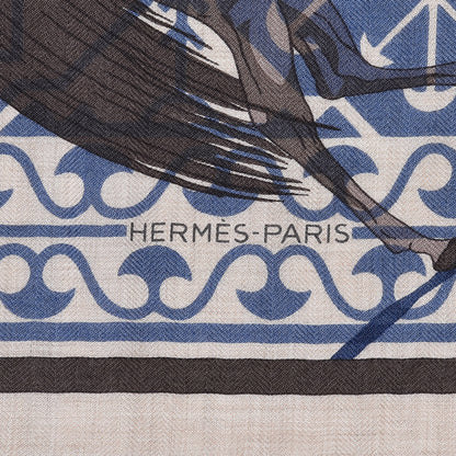 Hermes Cashmere Silk Imprimeur Fou Charabia Shawl 140 Naturel Bleu Sport Poivre 3 of 7