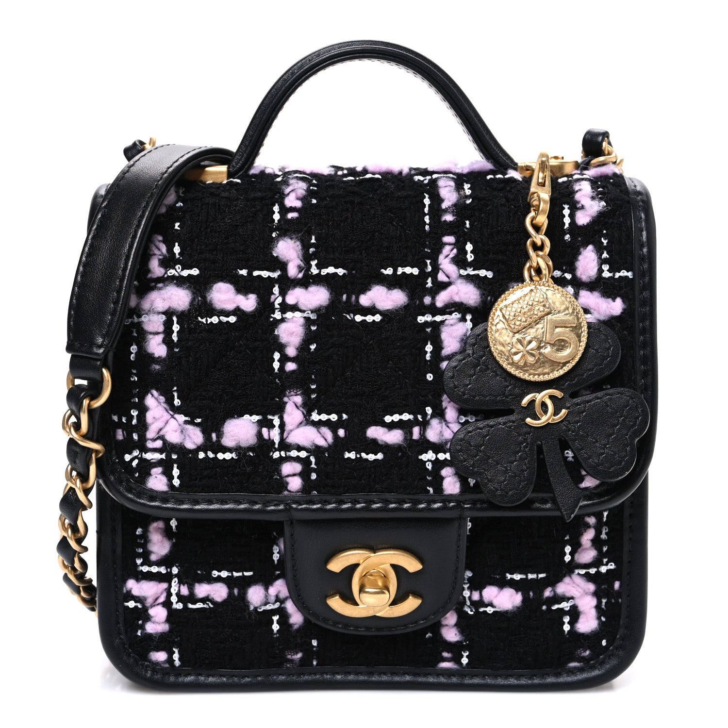 Chanel Tweed Calfskin School Memory Mini Top Handle Flap Black Pink White 1 of 10