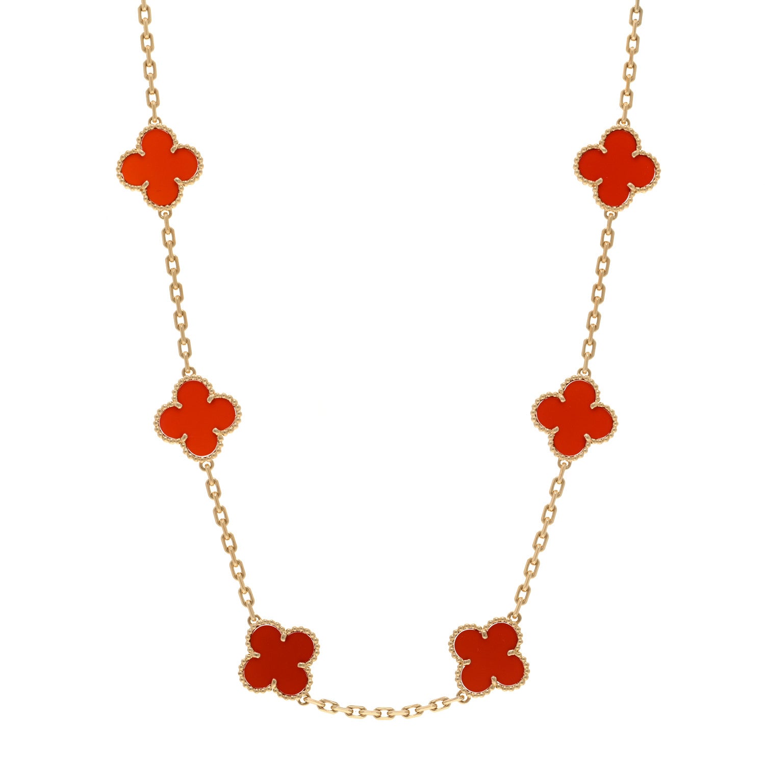 Van Cleef & Arpels 18K Yellow Gold Carnelian 10 Motifs Vintage Alhambra Necklace 1 of 6