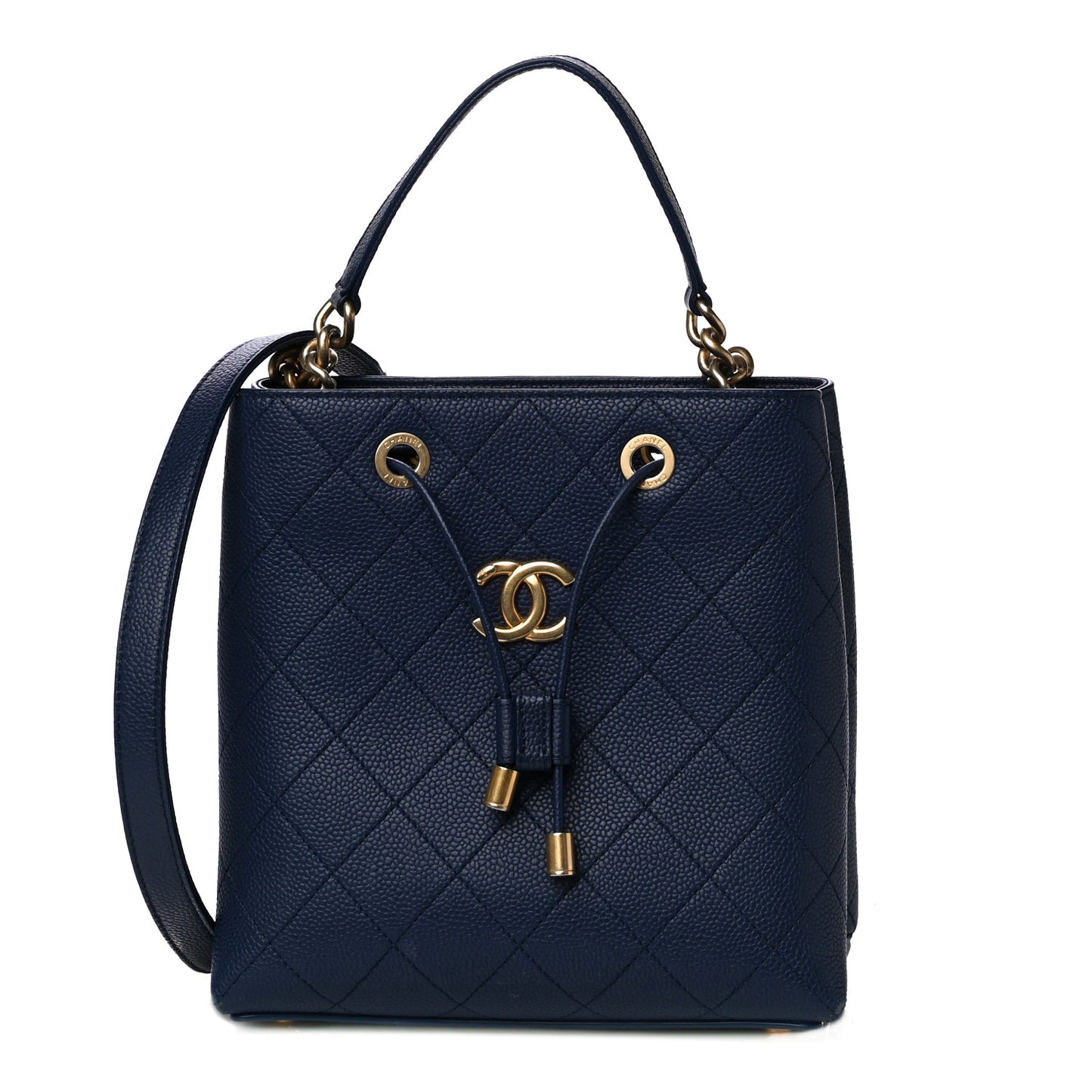 Grained Calfskin Stitched Small Drawstring Bag Navy
