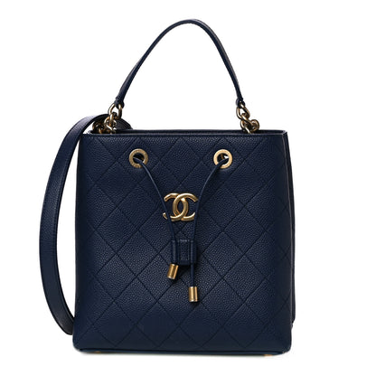 Chanel Grained Calfskin Stitched Small Drawstring Bag Navy 1 of 11