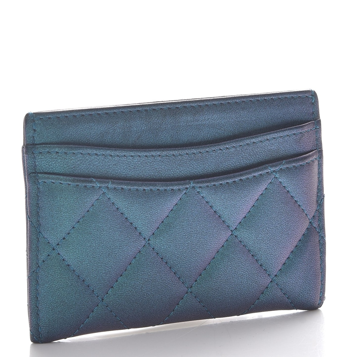 Metallic Lambskin Quilted Card Holder Turquoise