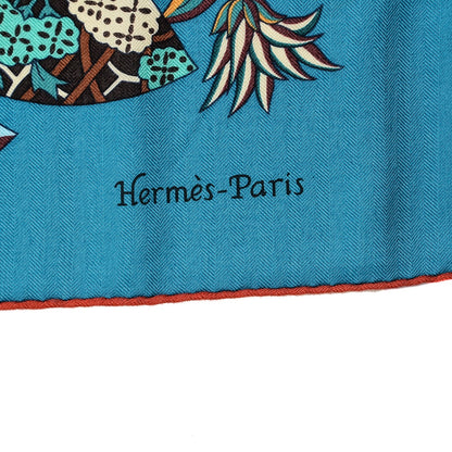Hermes Cashmere Silk Fleurs et Papillons de Tissus Shawl 140 Canard Vert Rouge 3 of 4