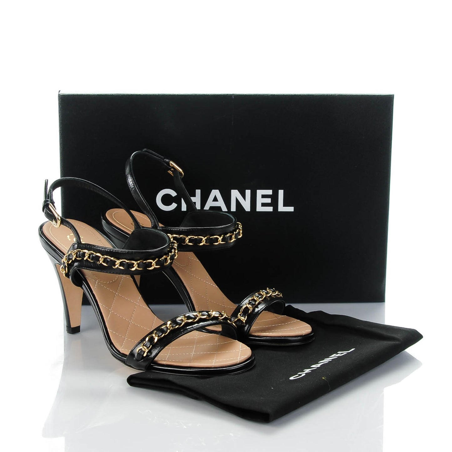 Crumpled Calfskin Chain Sandals 36 Black