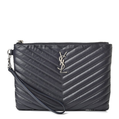 Saint Laurent Calfskin Matelasse Chevron Monogram A5 Wristlet Deep Marine 1 of 8