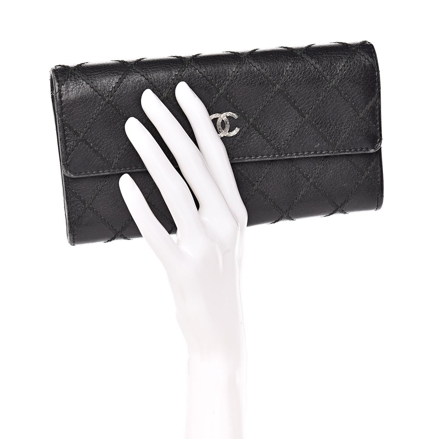 Calfskin Stitched Fancy CC Long Double Wallet Back