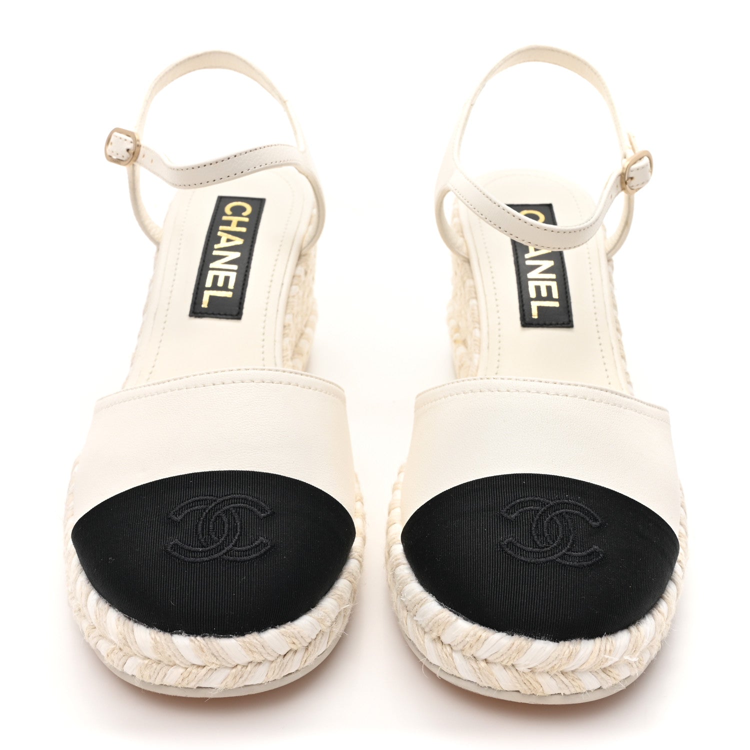 Chanel Lambskin Grosgrain CC Espadrilles Wedges 38 White Black 2 of 9
