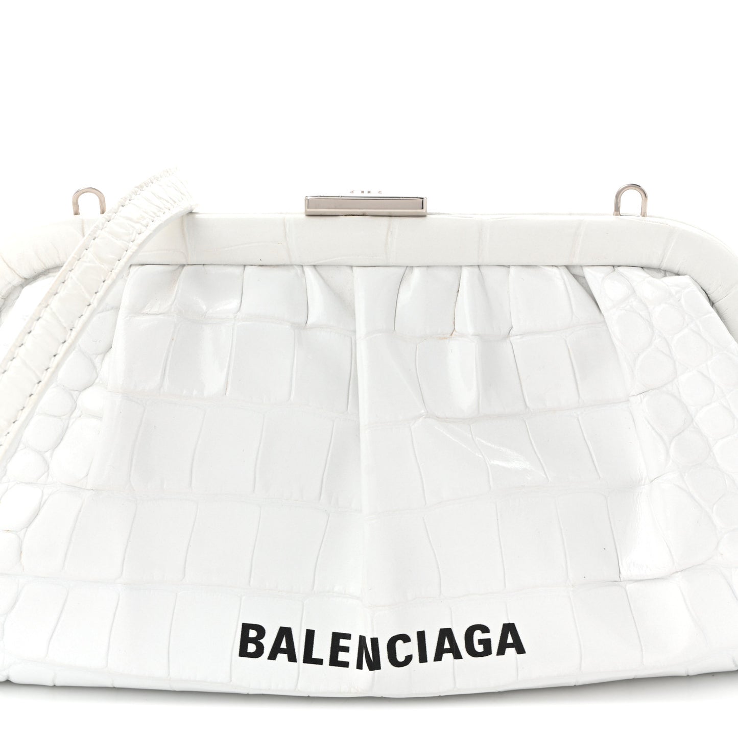 Shiny Supple Calfskin Logo Crocodile Embossed Cloud Clutch XS White