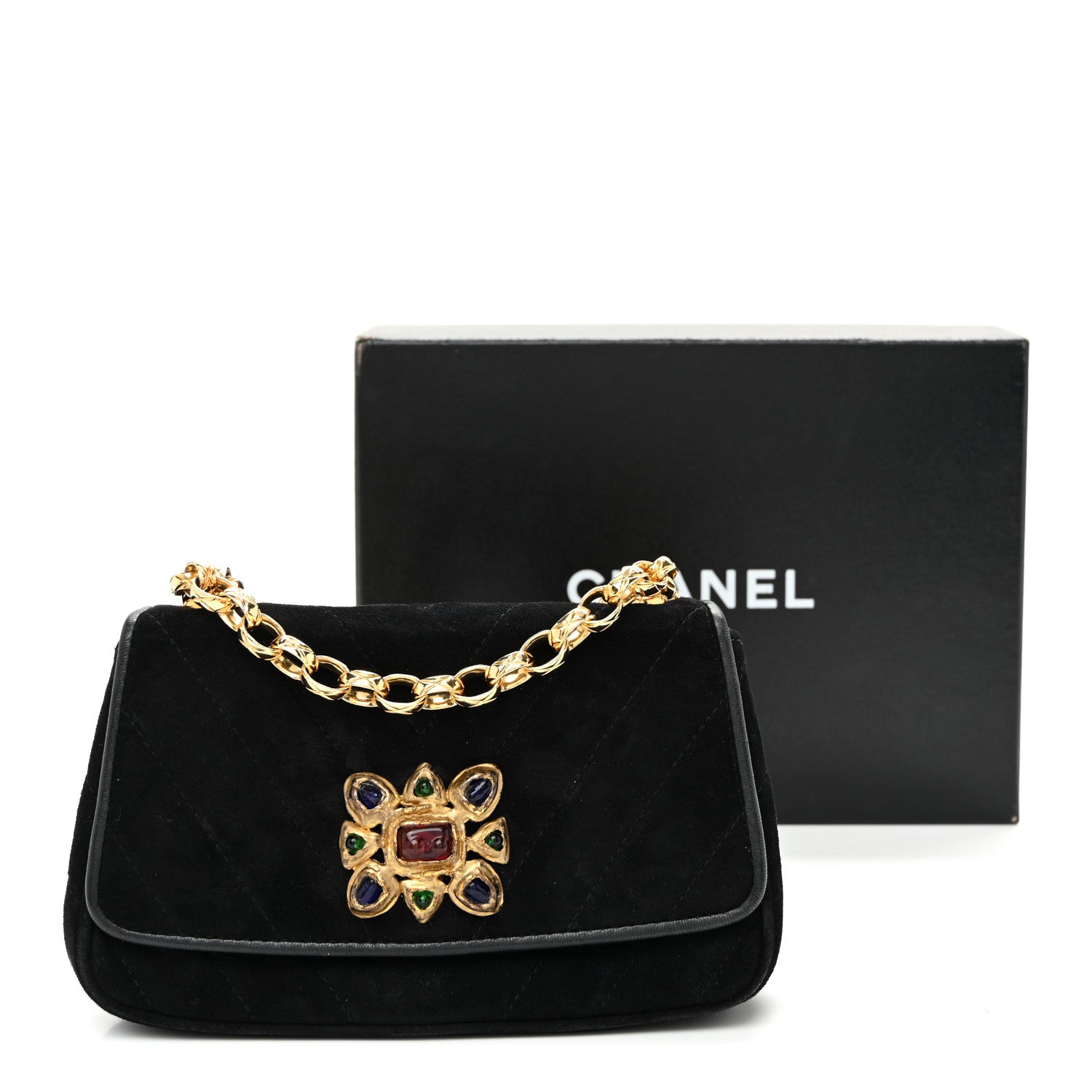 Chanel Suede Chevron Gripoix Quilted Flap Black 10 of 10
