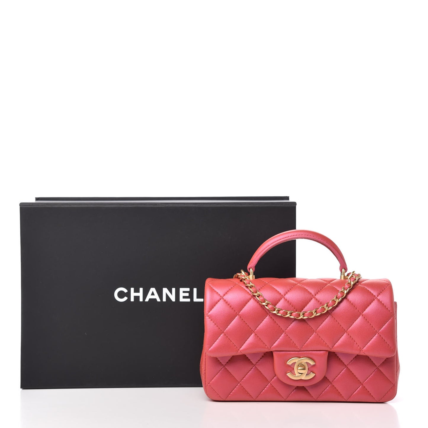 Iridescent Lambskin Quilted Mini Top Handle Rectangular Flap Red