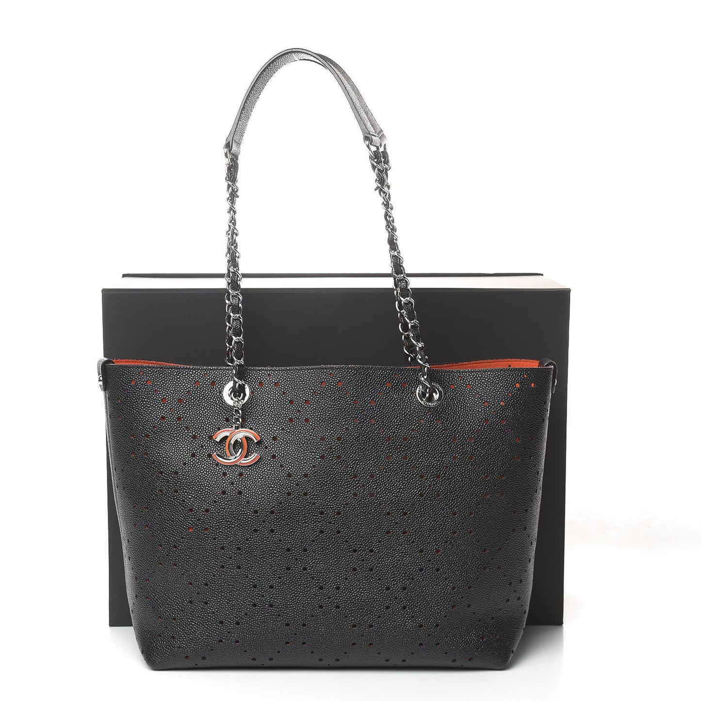 Perforated Grained Calfskin Large Shopping Tote Black