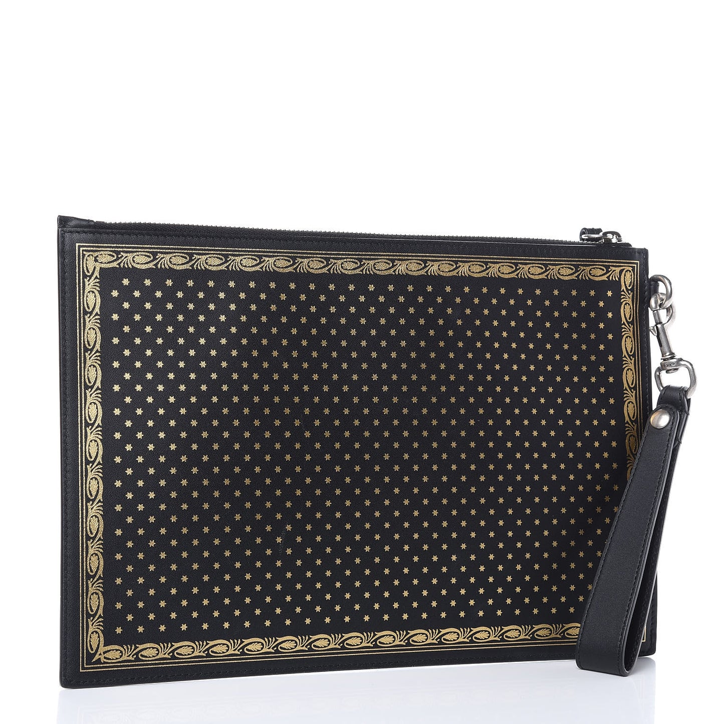 X SEGA Calfskin GUCCY Stars Zip Wristlet Pouch Black Gold