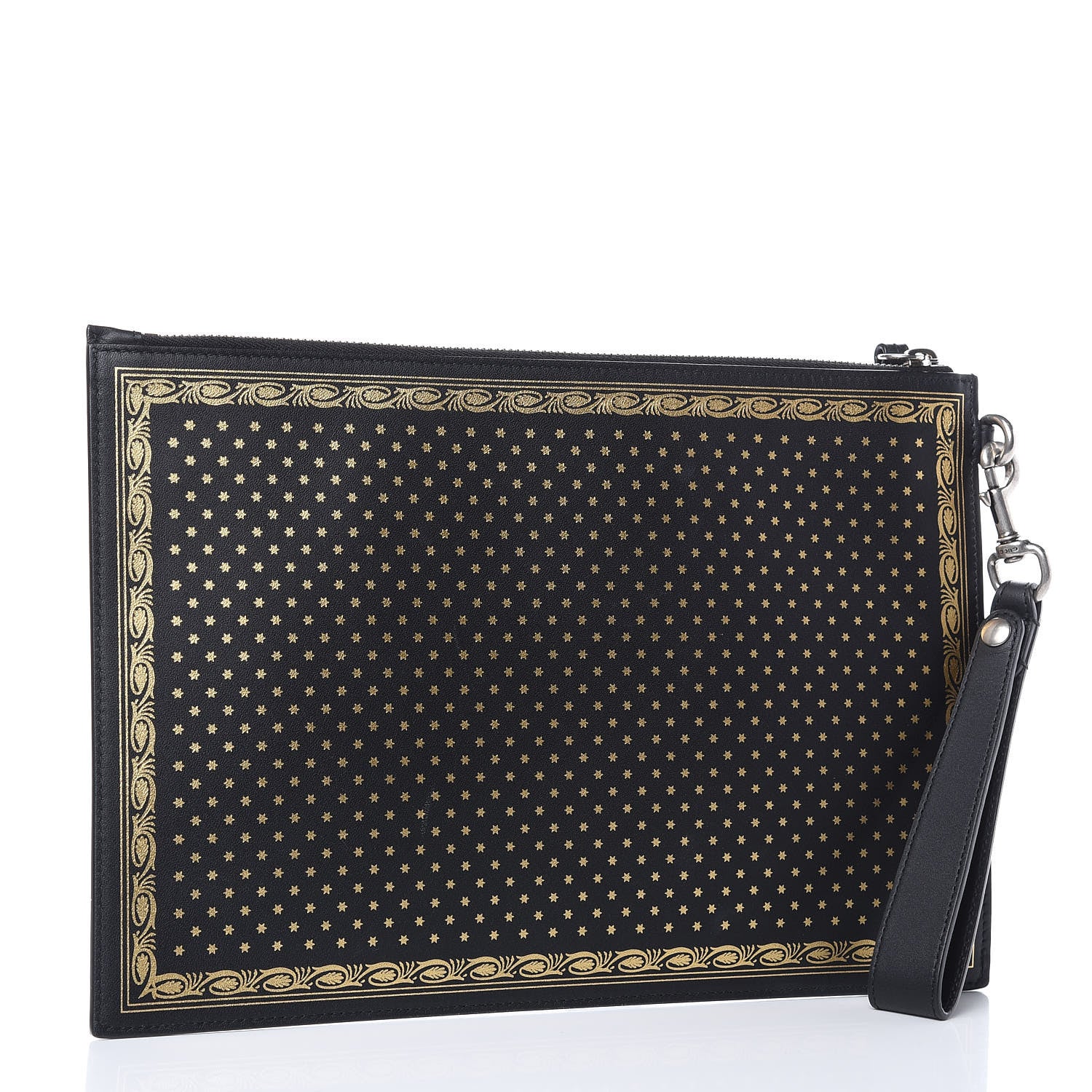 Gucci X SEGA Calfskin GUCCY Stars Zip Wristlet Pouch Black Gold 3 of 8