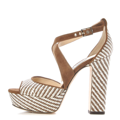 Jimmy Choo Woven Raffia April 120 Sandals 37 Cacao 1 of 10