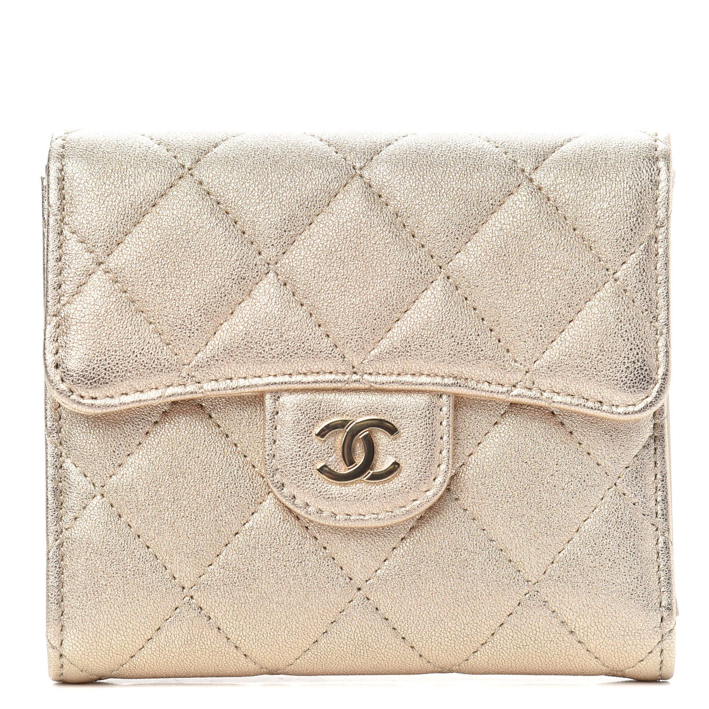 Metallic Lambskin Quilted Compact Flap Wallet Gold