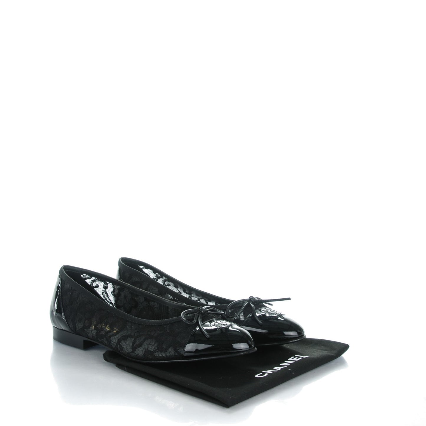 Lace Patent Calfskin Cap Toe CC Ballerina Flats 39.5 Black