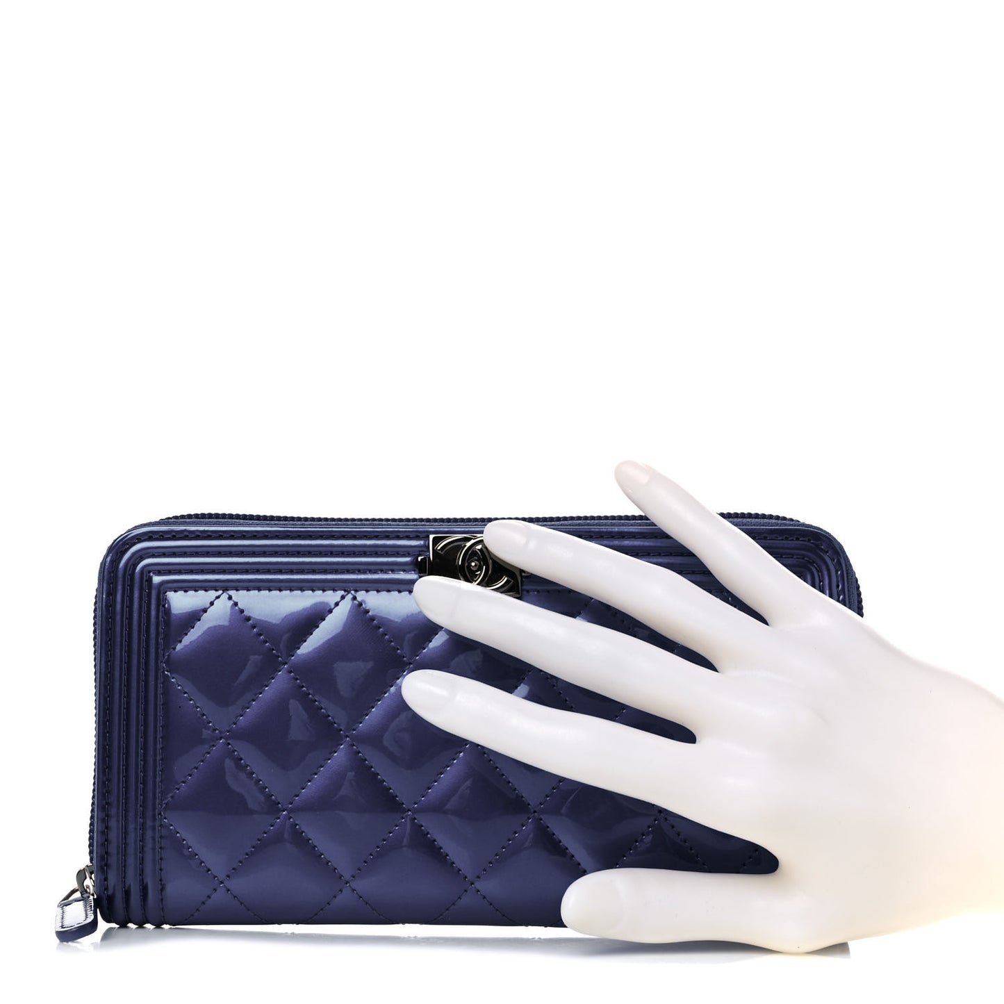 Metallic Patent Calfskin Quilted Boy L-Gusset Zip Wallet Blue