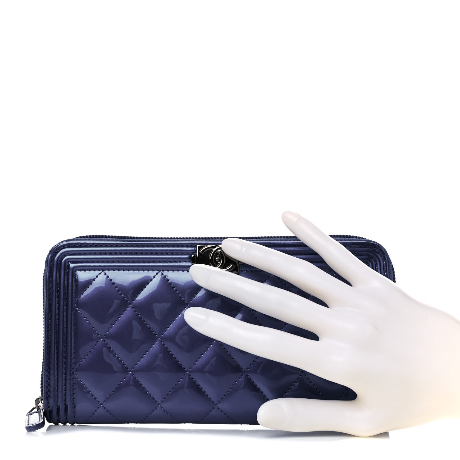 Chanel Metallic Patent Calfskin Quilted Boy L-Gusset Zip Wallet Blue 1 of 13