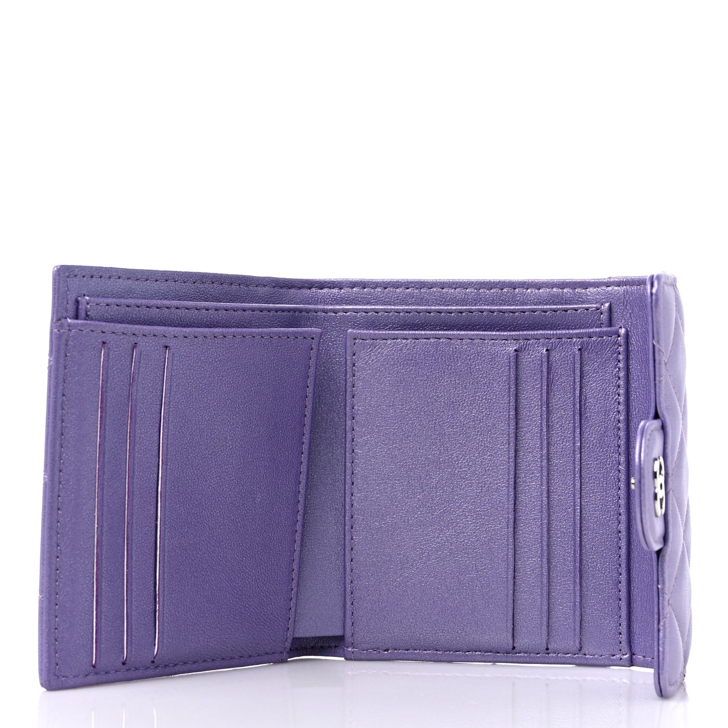 Iridescent Lambskin Quilted Compact Flap Wallet Purple
