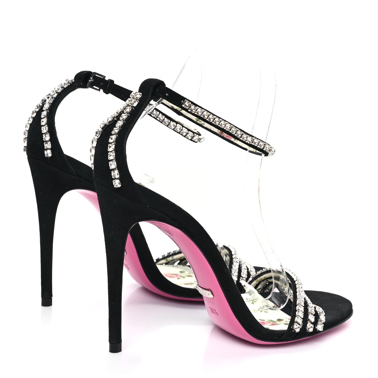 Kid Scamosciato Crystal Ankle Strap High Heel Sandals 36.5 Black