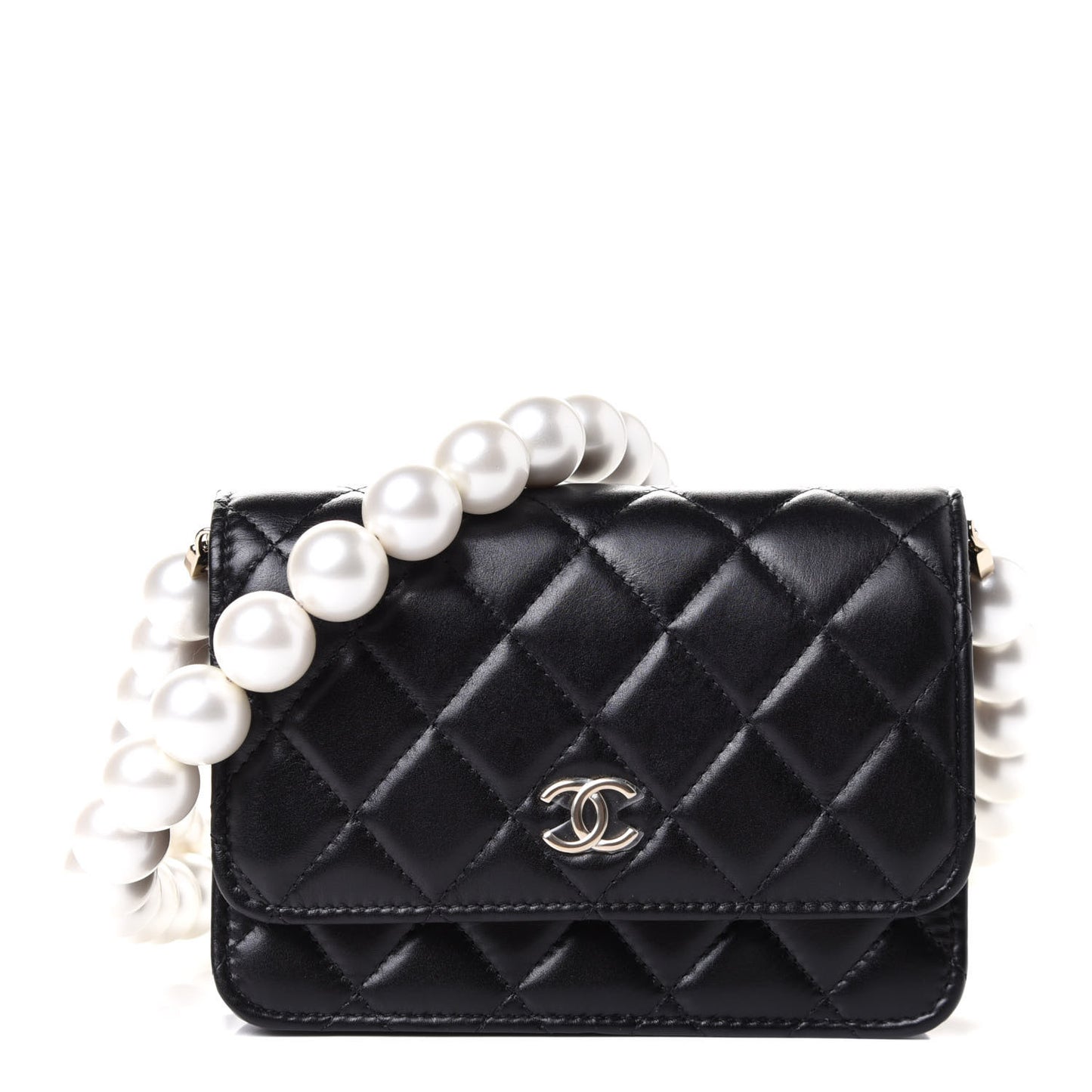 Calfskin Quilted Mini Maxi Pearls Wallet On Chain WOC Black