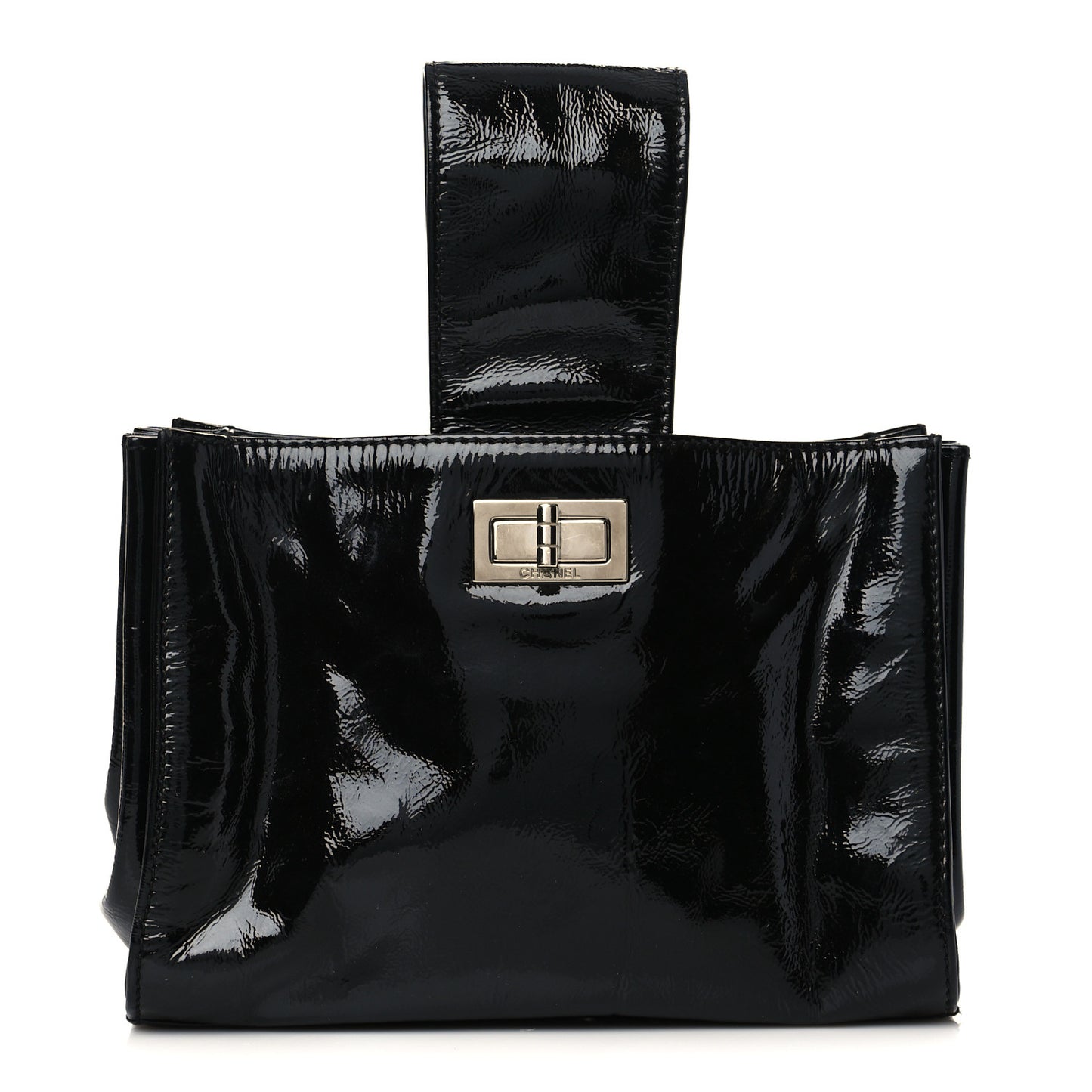 Patent Mademoiselle Lock Convertible Wrist Clutch Bag Black