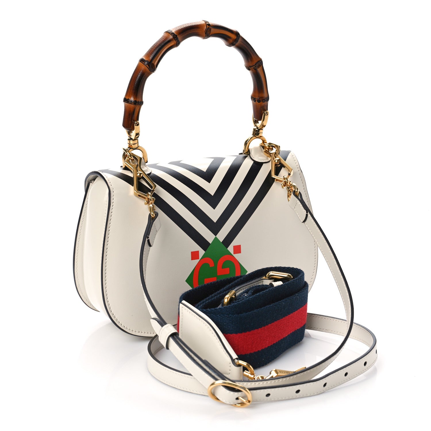 Gucci Calfskin Web Geometric Print Small Bamboo 1947 Top Handle Bag White Multi 4 of 12