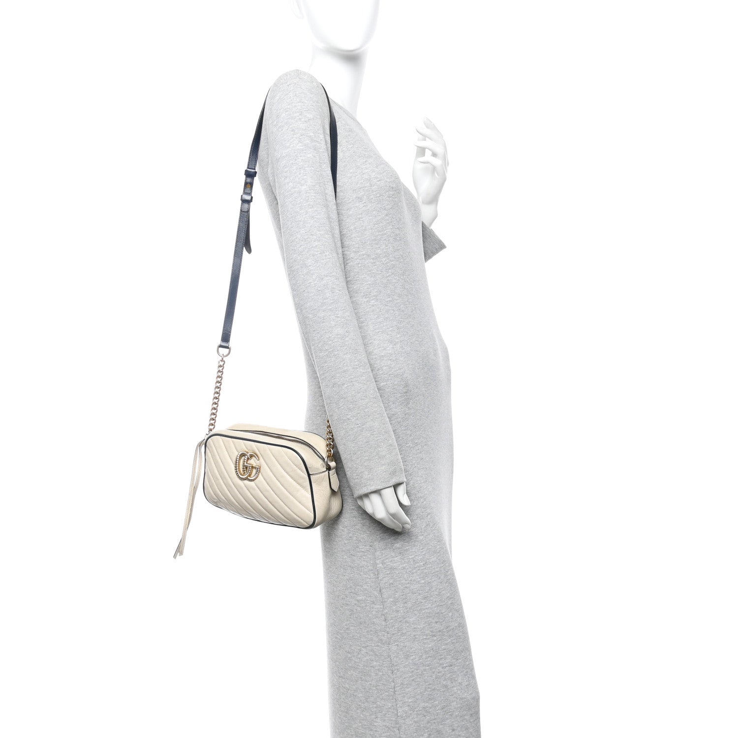 Gucci Vintage Effect Calfskin Matelasse Diagonal Small Torchon GG Marmont Chain Shoulder Bag Mystic White Blue Agata 2 of 21