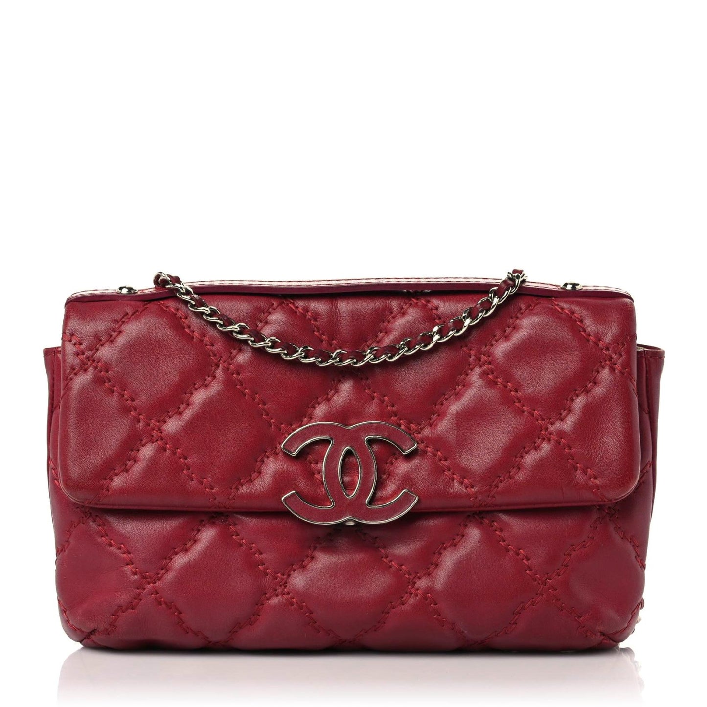 Calfskin Quilted Double Stitch Hamptons Clutch with Chain Red