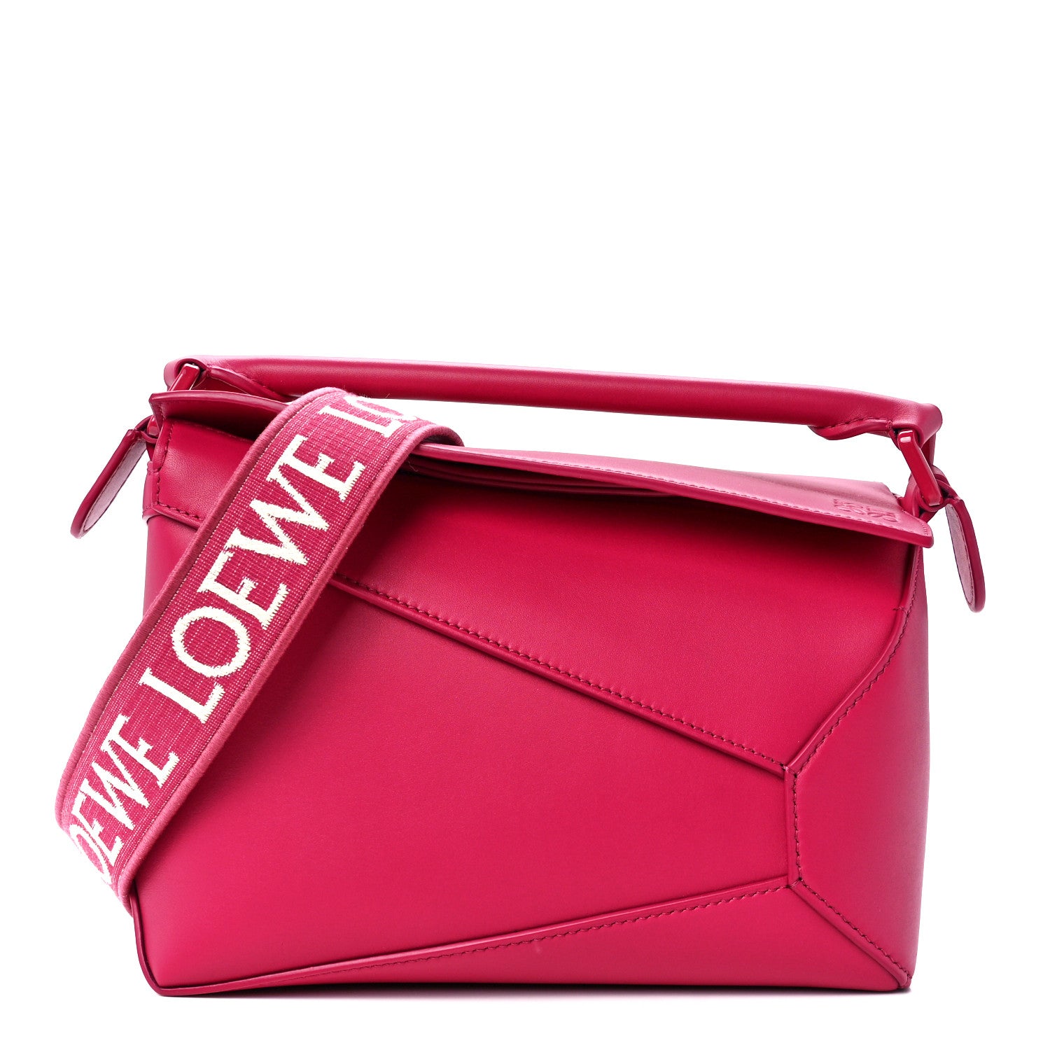 this is a front view image of LOEWE Satin Calfskin Puzzle Edge Bag in size small in the color Ruby Red Glaze by fashionphile