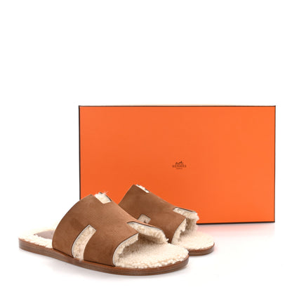 Hermes Suede Goatskin Shearling Mens Izmir Sandals 43.5 Marron Teck Ecru 8 of 8