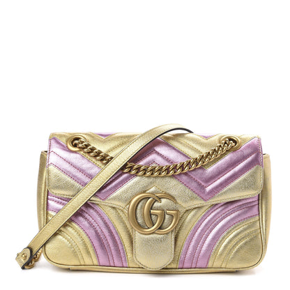 Gucci Metallic Calfskin Matelasse Small GG Marmont Shoulder Bag Gold Pink 1 of 11