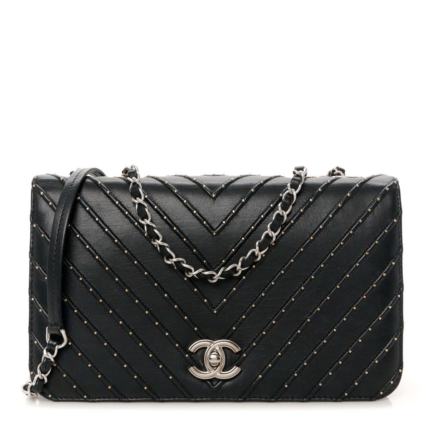 Calfskin Studded Chevron Quilted Flap Black