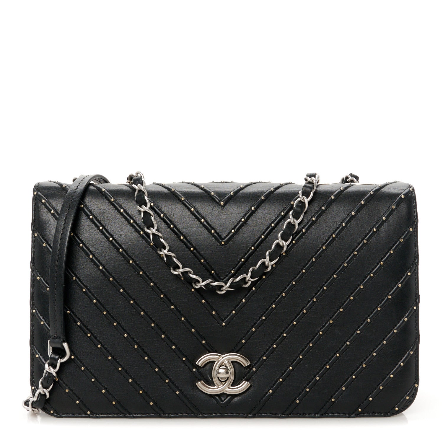 Chanel Calfskin Studded Chevron Quilted Flap Black 1 of 12