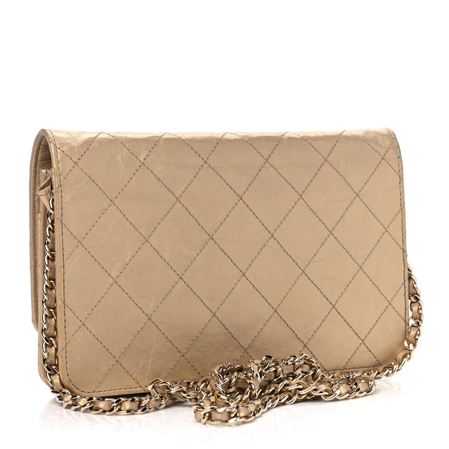 Metallic Aged Calfskin Quilted Wallet On Chain WOC Gold