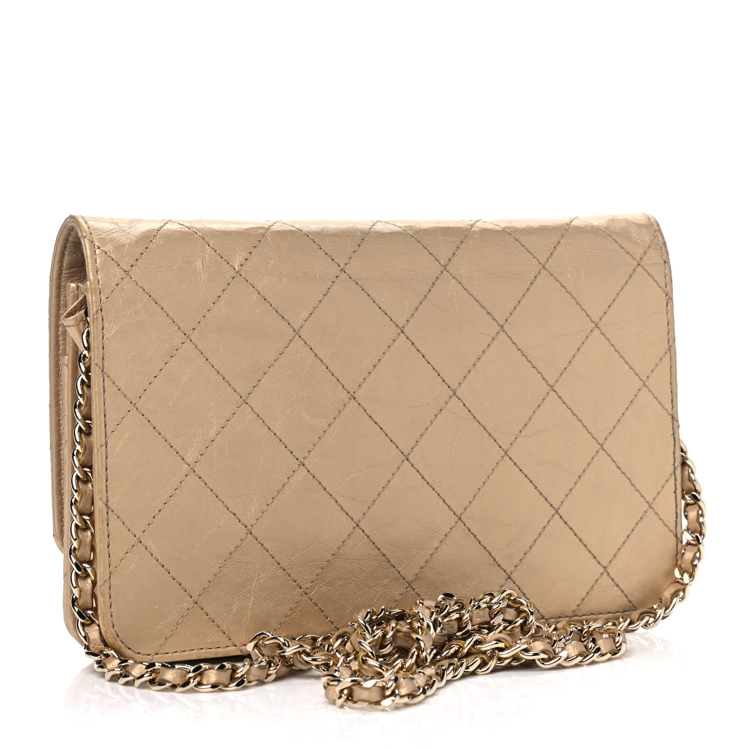 Chanel Metallic Aged Calfskin Quilted Wallet On Chain WOC Gold 2 of 7
