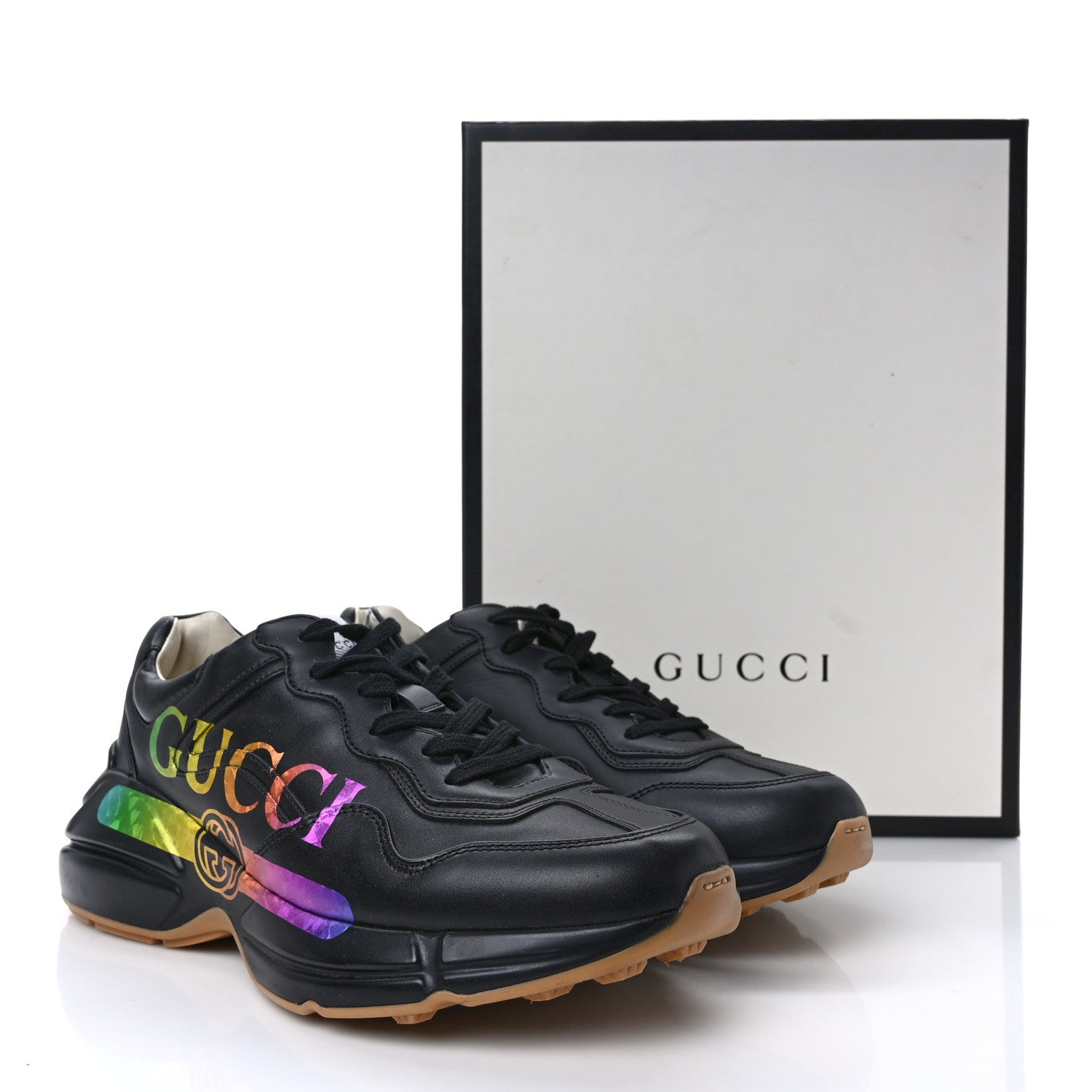 Gucci Calfskin Iridescent Logo Mens Rhyton Sneakers 8 Black 10 of 10
