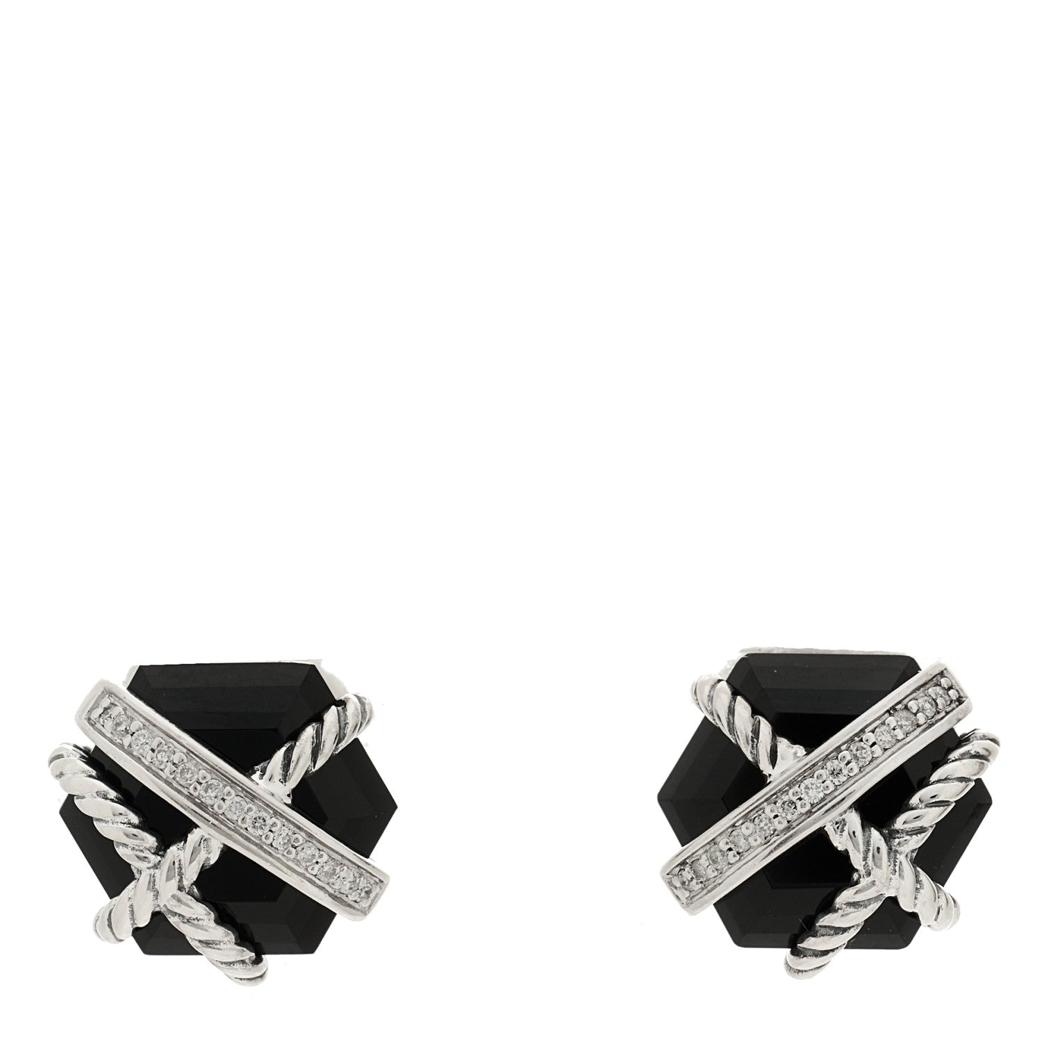David Yurman Sterling Silver Diamond Black Onyx 11mm Cable Wrap Earrings 1 of 4