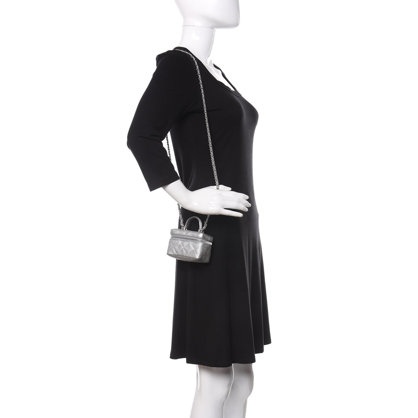 Metallic Caviar Quilted Mini Top Handle Vanity With Chain Silver