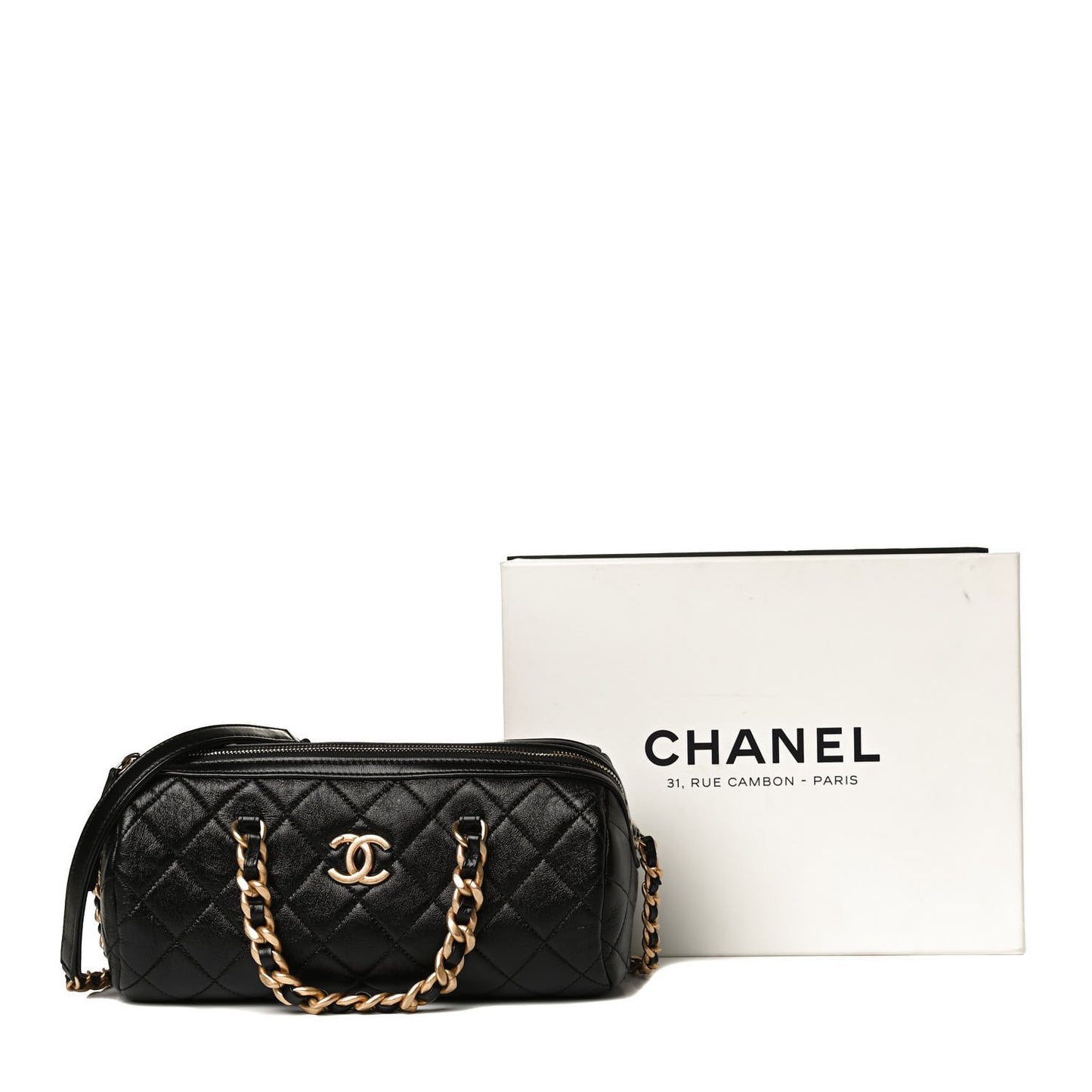 Shiny Lambskin Quilted Fashion Therapy Bowling Bag Black