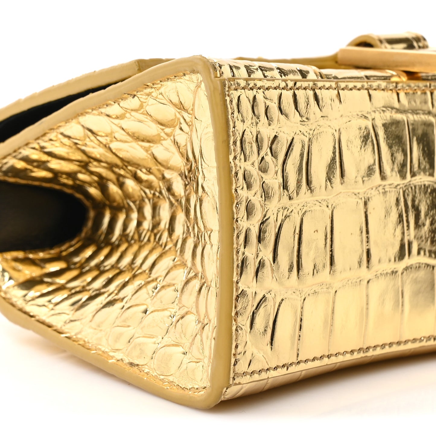 Metallic Calfskin Crocodile Embossed Hourglass Top Handle Bag XS Gold