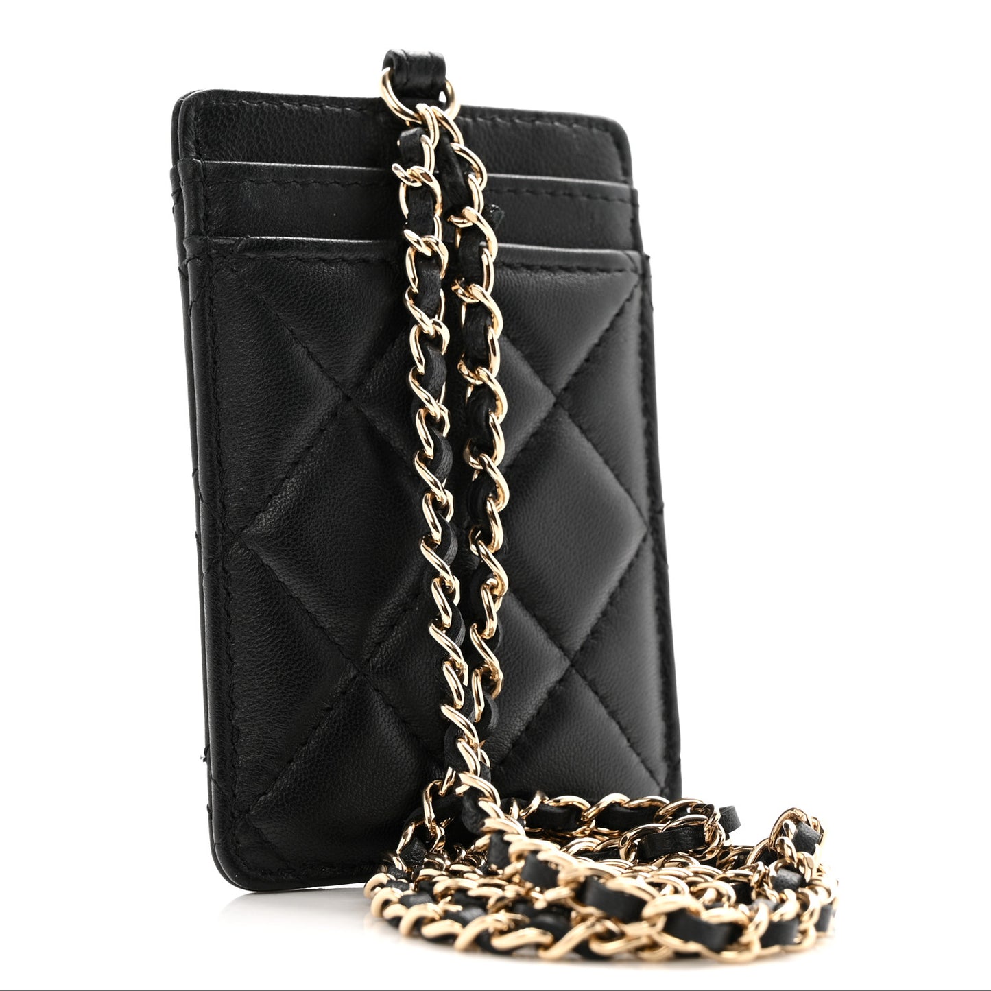 Lambskin Quilted Glitter Card Holder On Chain Black