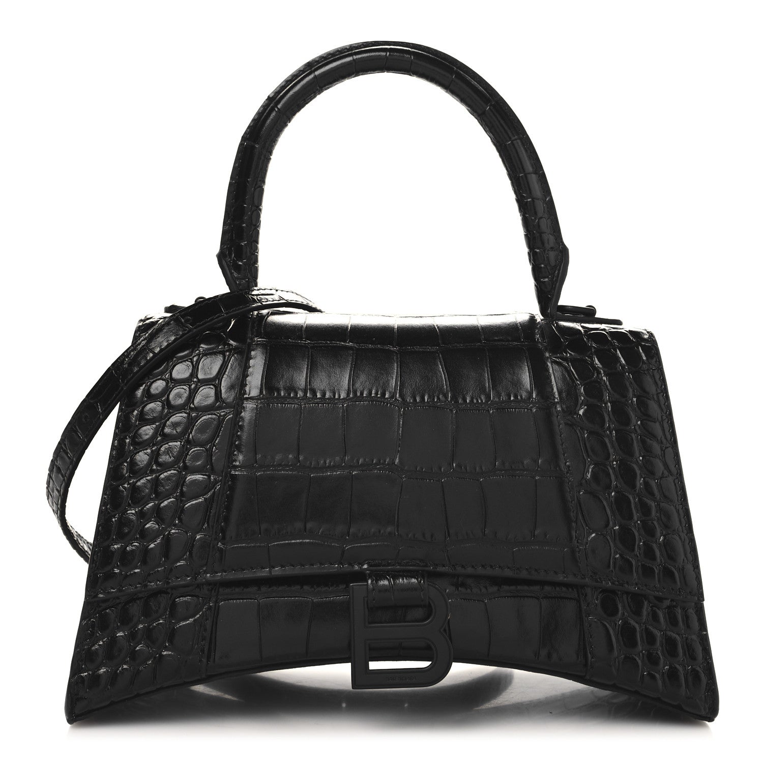 Balenciaga Shiny Calfskin Monochrome Crocodile Embossed Small Hourglass Top Handle Bag Black 1 of 10