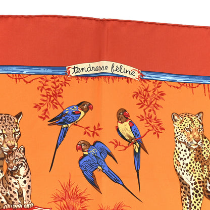 Hermes Silk Tendresse Feline Scarf 90 Brique Orange Bleu 6 of 12